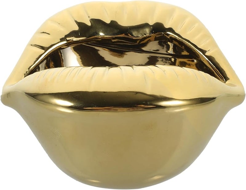 منفضة سجائر على شكل شفاه من السيراميك الذهبي بقاعدة غير قابلة للانزلاق، لتزيين المنزل أو البار المكتبي أو سطح المكتب - Image 1